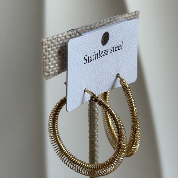NEW Oceanus Gold Stainless Steel Hoop Earrings Coiled Wire Round Spiral Design - Picture 8 of 10